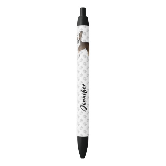 Brindle Boston Terrier Cartoon Dog & Custom Text Pen (Front Vertical)