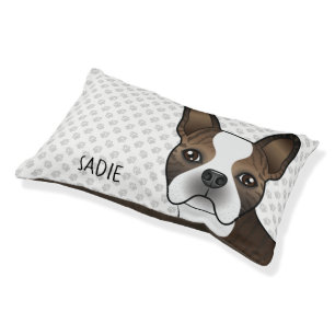 Brindle Boston Terrier Cartoon Dog Head & Name Pet Bed