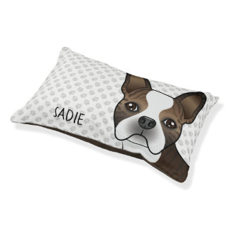 Brindle Boston Terrier Cartoon Dog Head &amp; Name Pet Bed
