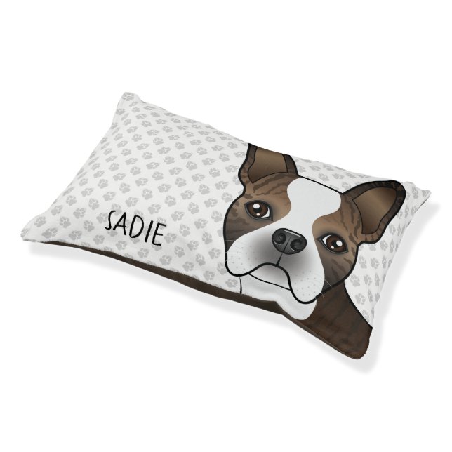 Brindle Boston Terrier Cartoon Dog Head & Name Pet Bed (Angled)