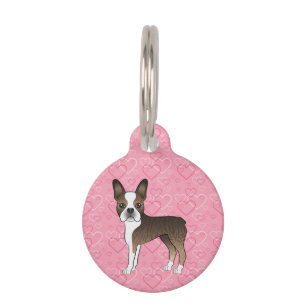 Brindle Boston Terrier Cartoon Dog On Pink Hearts Pet ID Tag
