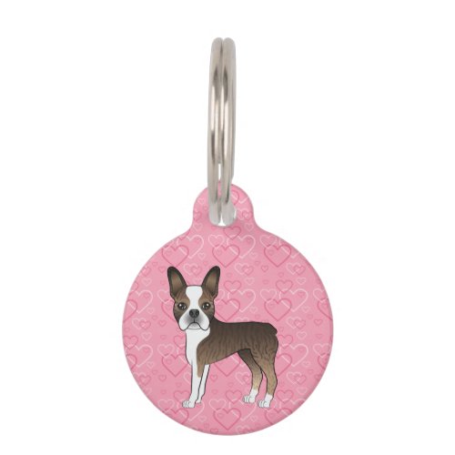 Brindle Boston Terrier Cartoon Dog On Pink Hearts Pet ID Tag