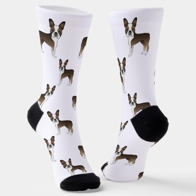 Brindle Boston Terrier Cartoon Dog Pattern Socks (Angled)