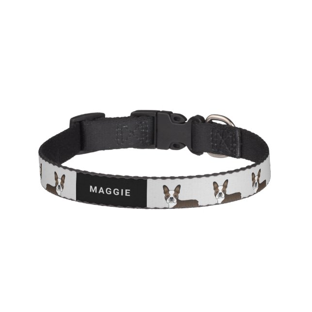 Brindle Boston Terrier Cartoon Dogs & Custom Text Pet Collar (Front)
