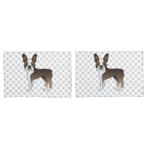 Brindle Boston Terrier Cartoon Dogs & Paws Pillow Case
