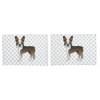 Brindle Boston Terrier Cartoon Dogs &amp; Paws Pillow Case