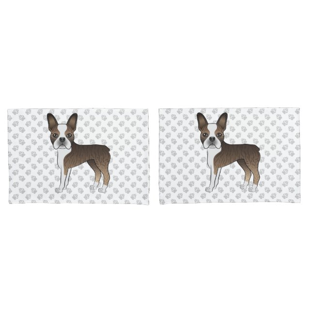 Brindle Boston Terrier Cartoon Dogs & Paws Pillow Case (Front-Set)