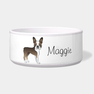 Brindle Boston Terrier Cute Cartoon Dog And Name Bowl