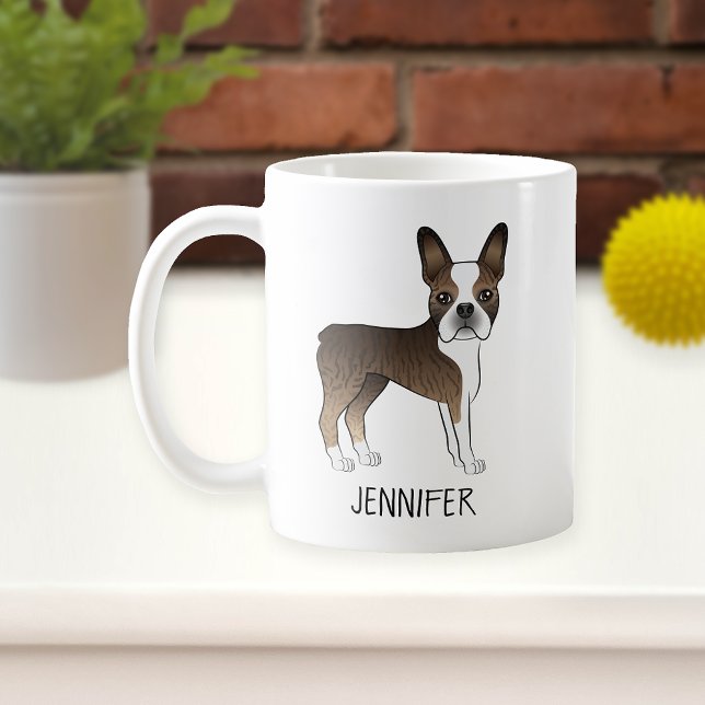 Brindle Boston Terrier Cute Cartoon Dog & Name Coffee Mug (Creator Uploaded)