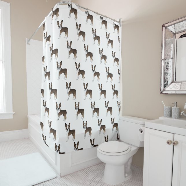 Brindle Boston Terrier Cute Cartoon Dog Pattern Shower Curtain (In Situ)