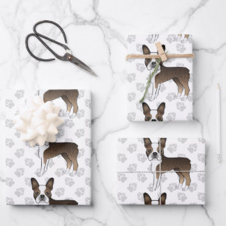 Brindle Boston Terrier Cute Cartoon Dog Pattern Wrapping Paper Sheets