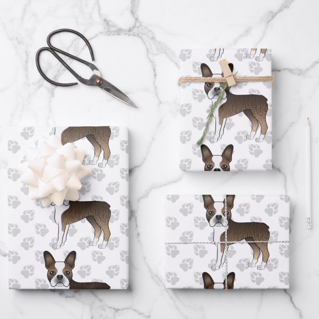 Brindle Boston Terrier Cute Cartoon Dog Pattern Wrapping Paper Sheets (Front)