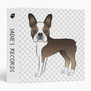 Brindle Boston Terrier Cute Cartoon Dog & Paws 3 Ring Binder
