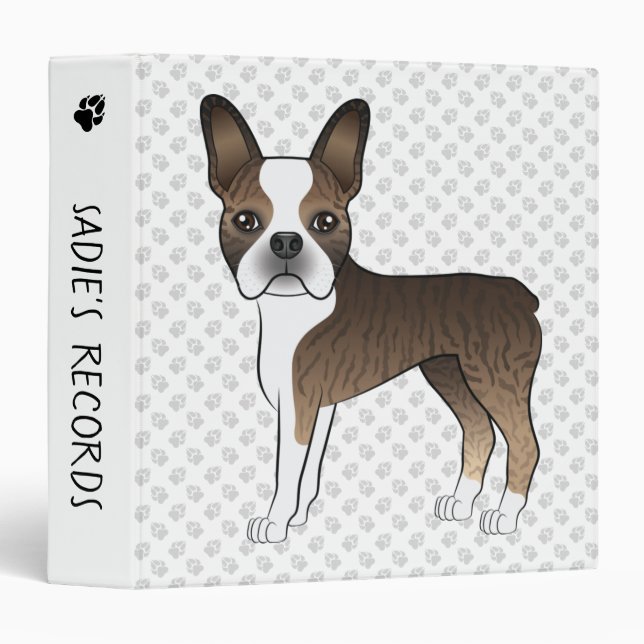 Brindle Boston Terrier Cute Cartoon Dog & Paws 3 Ring Binder (Front/Spine)