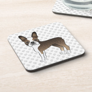 Brindle Boston Terrier Cute Cartoon Dog & Paws Beverage Coaster