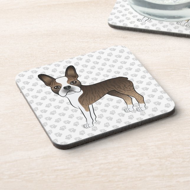 Brindle Boston Terrier Cute Cartoon Dog & Paws Beverage Coaster (Left Side)