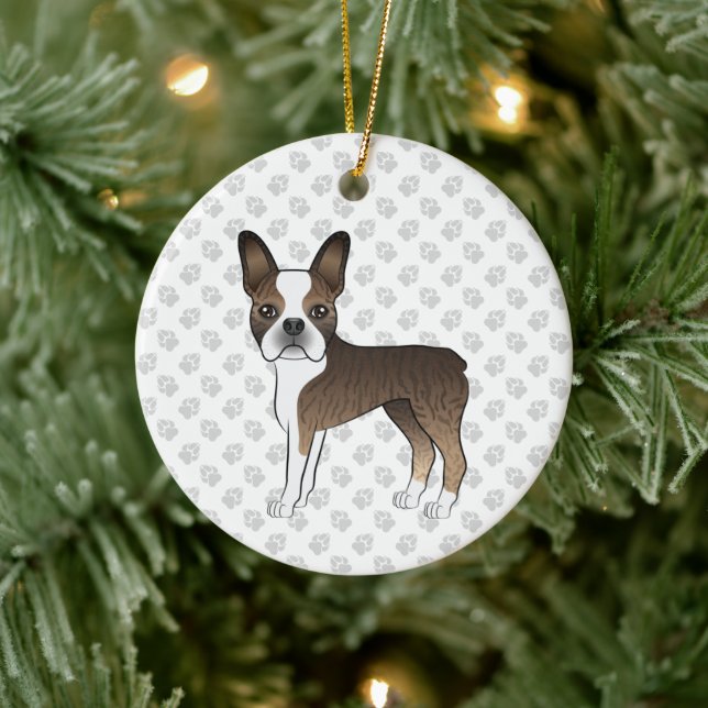 Brindle Boston Terrier Cute Cartoon Dog & Paws Ceramic Ornament (Tree)