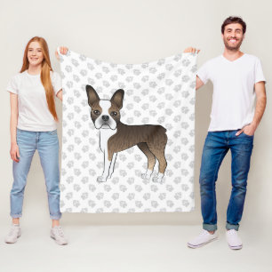 Brindle Boston Terrier Cute Cartoon Dog & Paws Fleece Blanket
