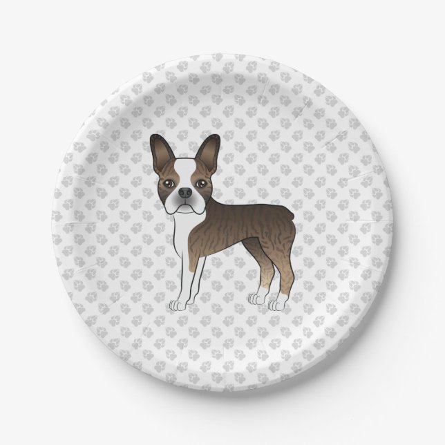 Brindle Boston Terrier Cute Cartoon Dog & Paws Paper Plates (Front)
