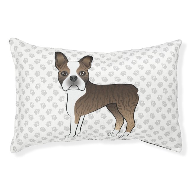 Brindle Boston Terrier Cute Cartoon Dog & Paws Pet Bed (Front)