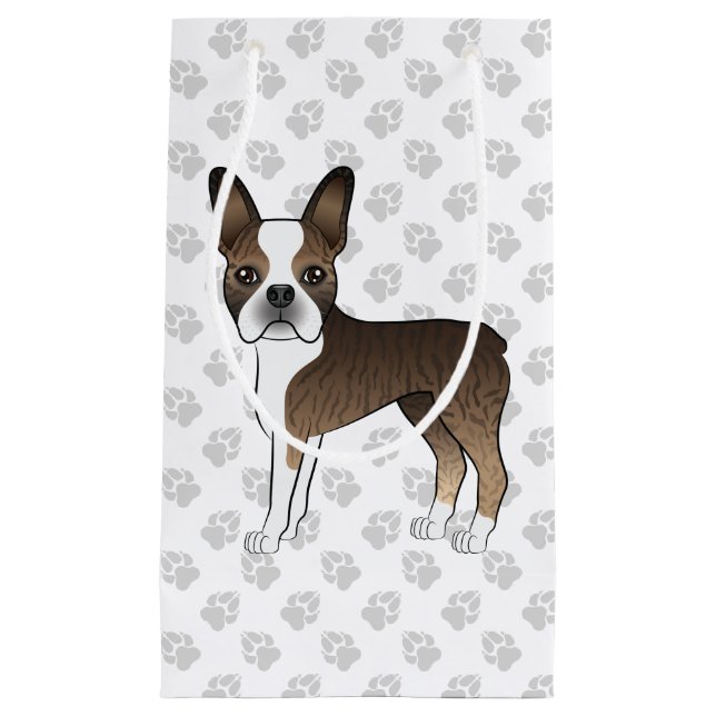 Brindle Boston Terrier Cute Cartoon Dog & Paws Small Gift Bag (Front)