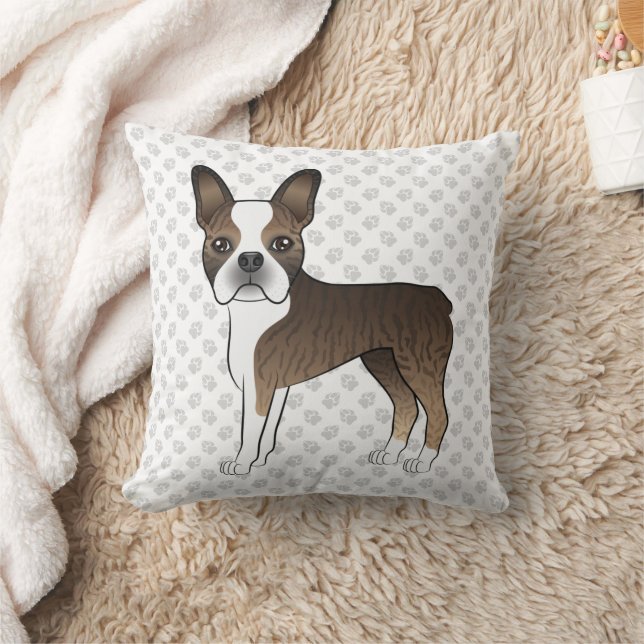 Brindle Boston Terrier Cute Cartoon Dog & Paws Throw Pillow (Blanket)