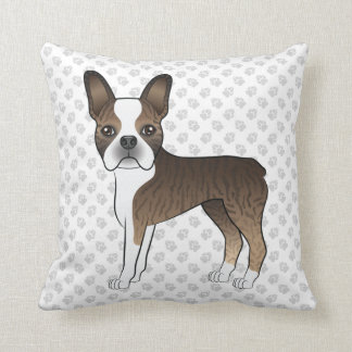 Brindle Boston Terrier Cute Cartoon Dog &amp; Paws Throw Pillow