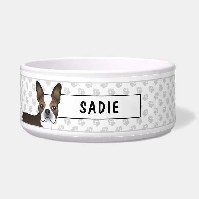 Brindle Boston Terrier Cute Dog Head & Custom Text Bowl (Front)