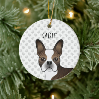 Brindle Boston Terrier Dog Head &amp; Custom Name Ceramic Ornament