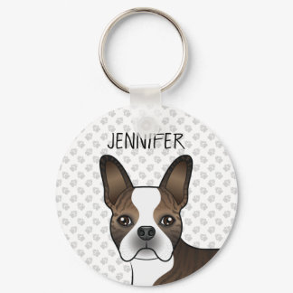 Brindle Boston Terrier Dog Head &amp; Custom Name Keychain