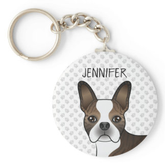 Brindle Boston Terrier Dog Head &amp; Custom Name Keychain