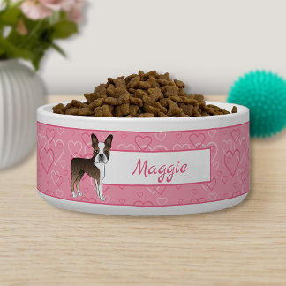 Brindle Boston Terrier Dog On Pink Hearts And Name Bowl
