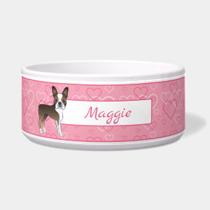 Brindle Boston Terrier Dog On Pink Hearts And Name Bowl