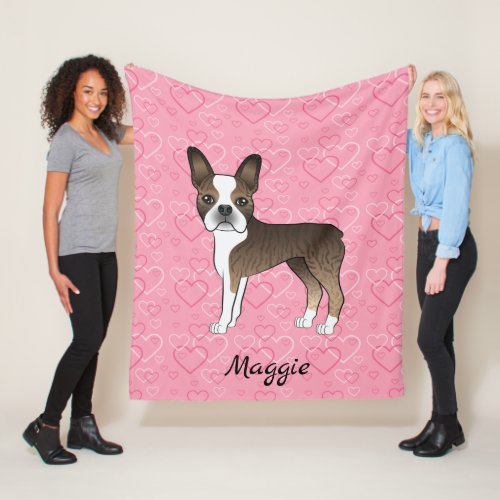 Brindle Boston Terrier Dog On Pink Hearts And Name Fleece Blanket