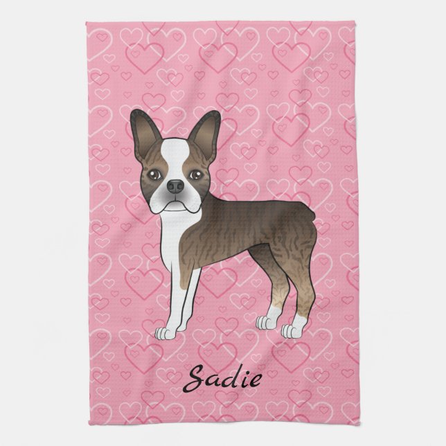 Brindle Boston Terrier Dog On Pink Hearts And Name Kitchen Towel (Vertical)