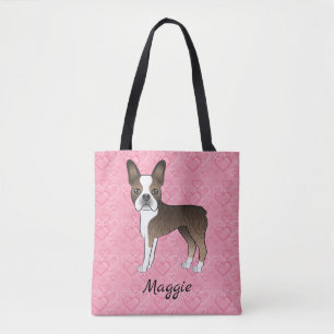 Brindle Boston Terrier Dog On Pink Hearts Tote Bag