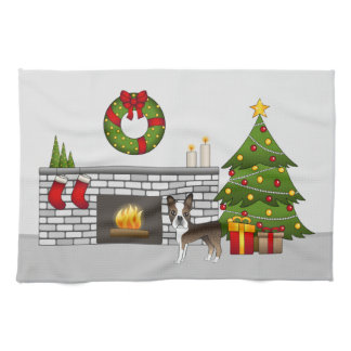 Brindle Boston Terrier In A Festive Christmas Room Kitchen Towel