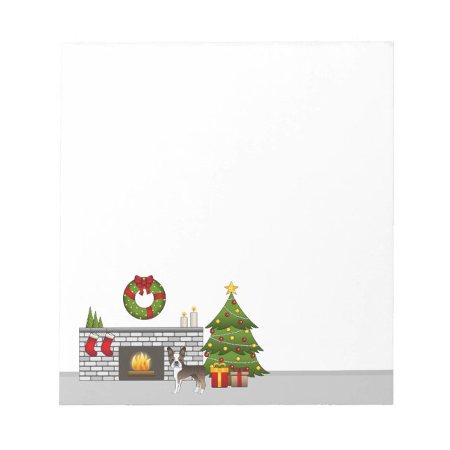 Brindle Boston Terrier In A Festive Christmas Room Notepad (Front)