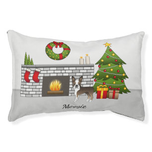 Brindle Boston Terrier In A Festive Christmas Room Pet Bed