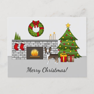 Brindle Boston Terrier In A Festive Christmas Room Postcard