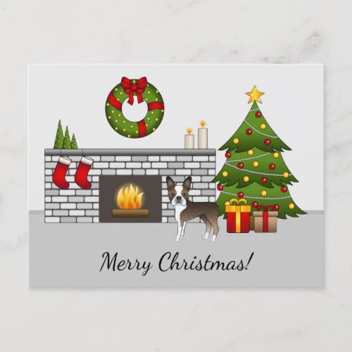 Brindle Boston Terrier In A Festive Christmas Room Postcard