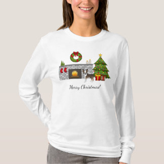 Brindle Boston Terrier In A Festive Christmas Room T-Shirt