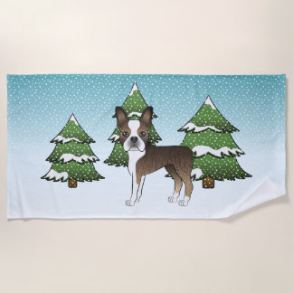 Brindle Boston Terrier In A Winter Forest Beach Towel