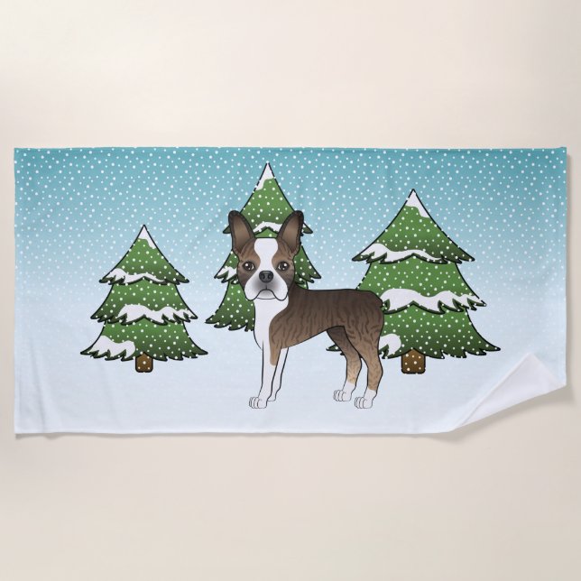 Brindle Boston Terrier In A Winter Forest Beach Towel (Front)