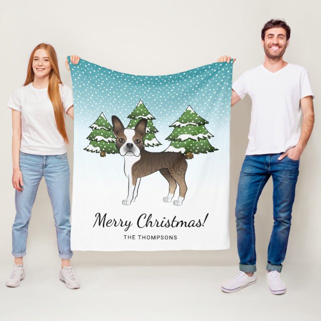 Brindle Boston Terrier In A Winter Forest Fleece Blanket (In Situ)