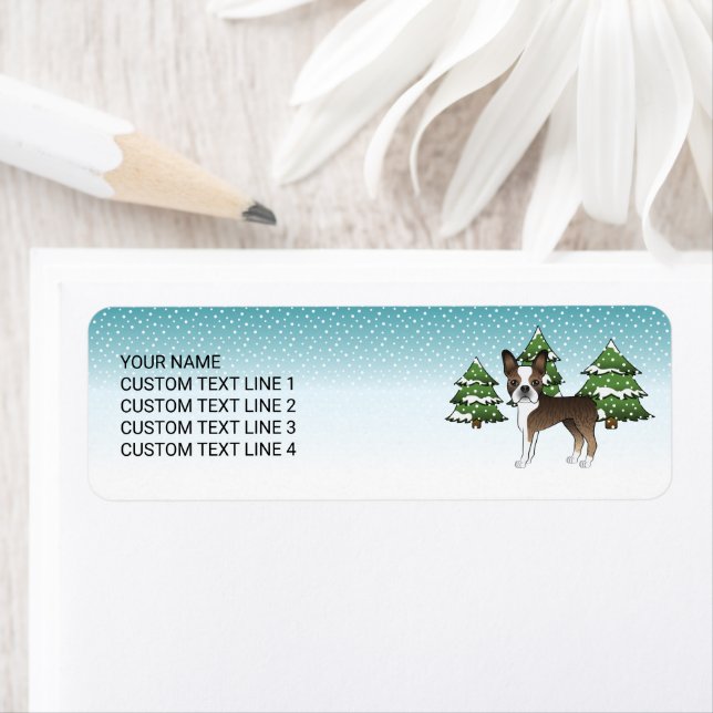Brindle Boston Terrier In A Winter Forest Label (Insitu)