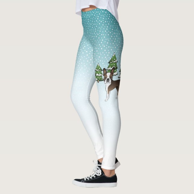 Brindle Boston Terrier In A Winter Forest Leggings (Left)