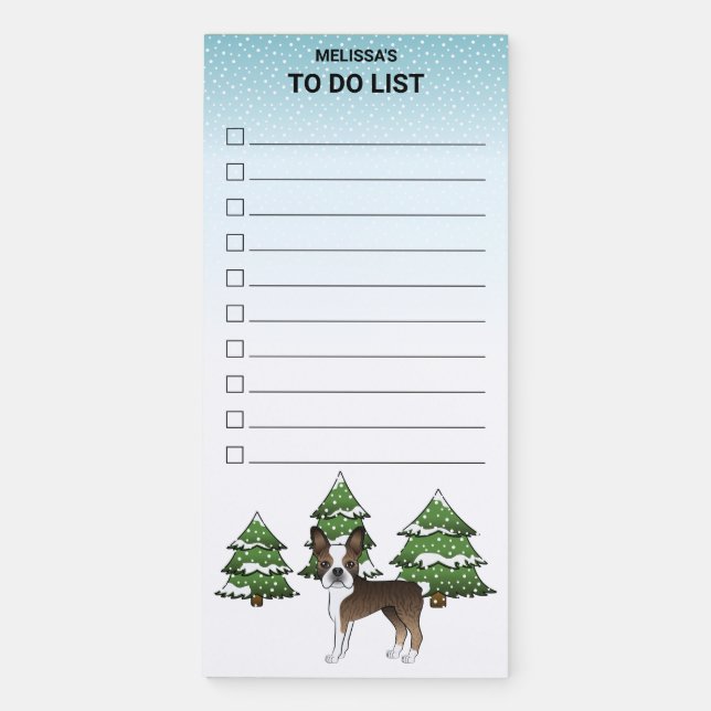 Brindle Boston Terrier In A Winter Forest Magnetic Notepad (Front)