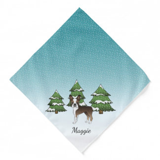 Brindle Boston Terrier In A Winter Forest &amp; Name Bandana