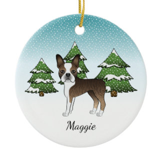 Brindle Boston Terrier In A Winter Forest &amp; Name Ceramic Ornament